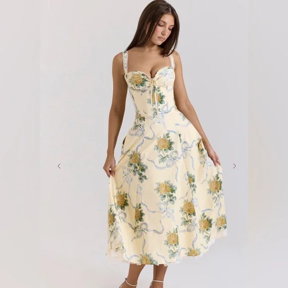 House of CB Lemon Vintage Ribbon Midi Floral Dress L+/D-cup - Picture 3 of 6